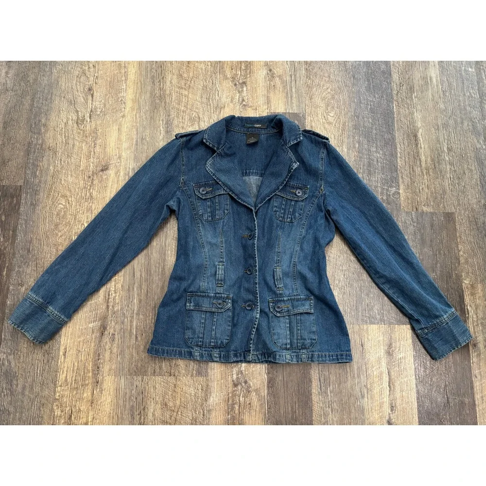 French Cuff Women Medium Wash Denim Blazer Jacket Utility 4-Pocket Cotton Size M